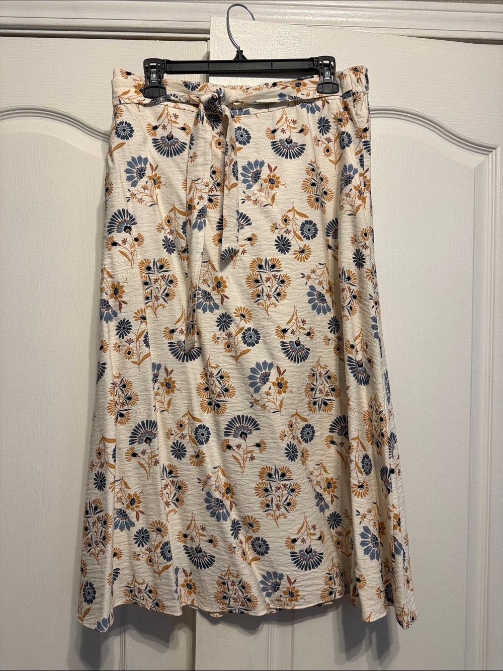 LOFT Cream A-Line Midi Skirt with Blue & Brown Floral Print